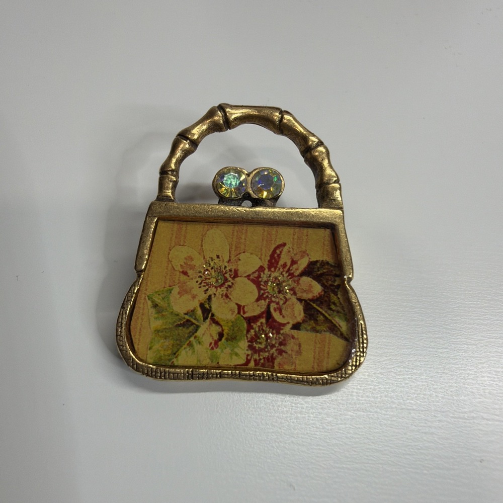 Vintage Maximal Art Handbag Brooch Pin Signed Floral Inlay Crystal Gold Tone